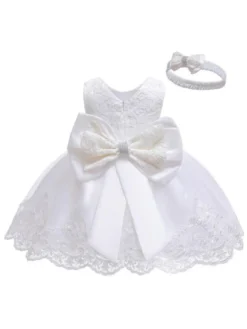 Robe baptême robe cérémonie fille décoré de noeud