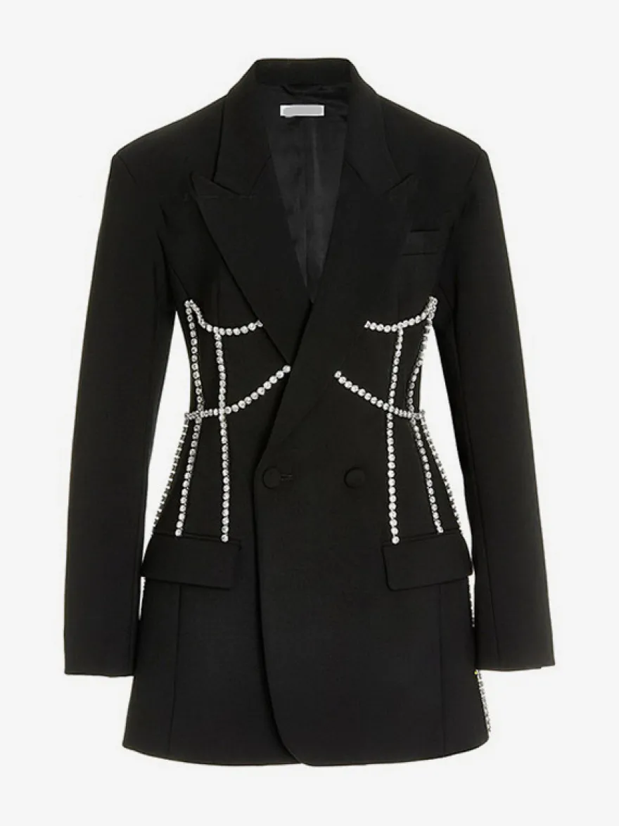Robe blazer courte pour femme avec revers cranté strass et chaîne découpée
