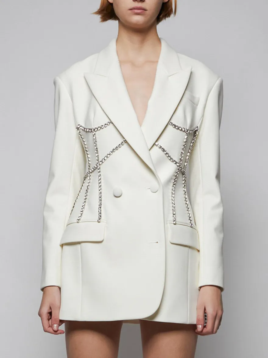 Robe blazer courte pour femme avec revers cranté strass et chaîne découpée