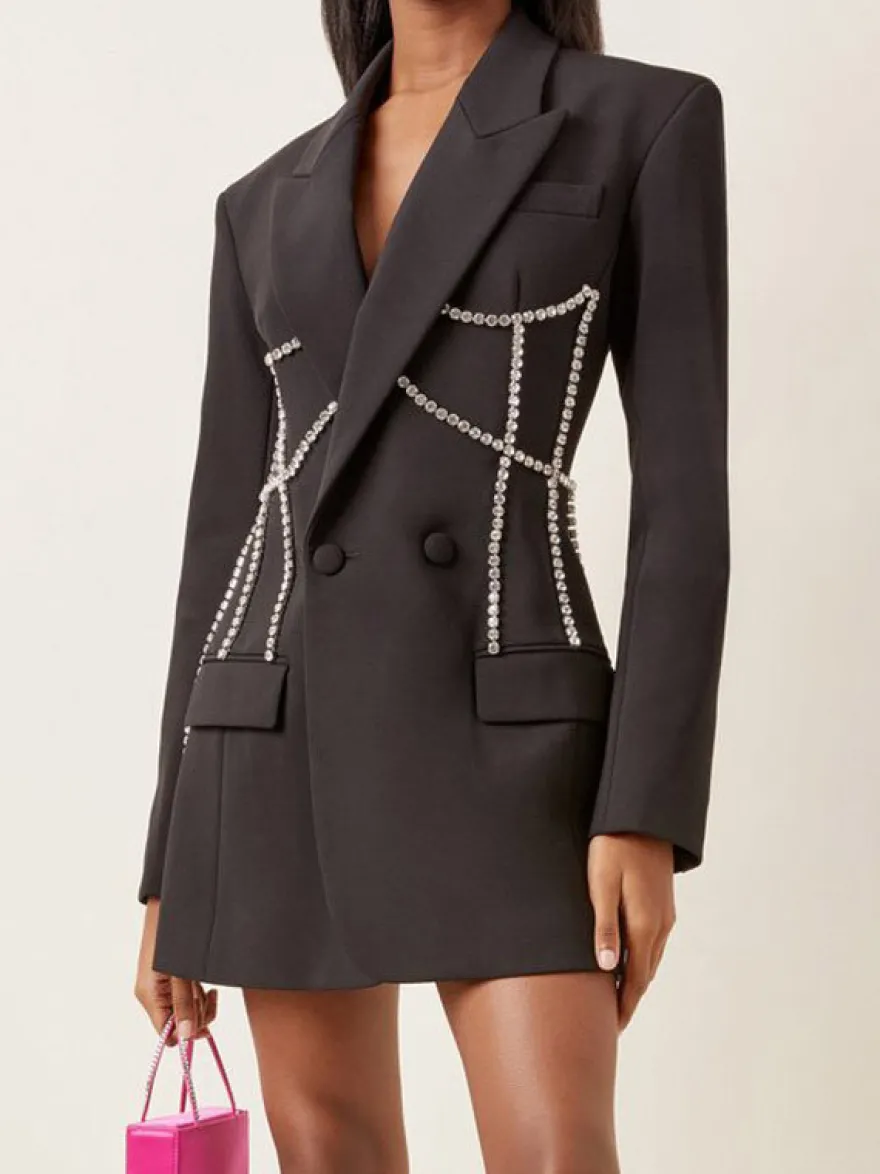 Robe blazer courte pour femme avec revers cranté strass et chaîne découpée