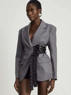 Robe blazer courte pour femme à revers cranté ceinture à rivets et taille cintrée