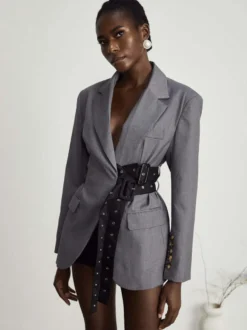 Robe blazer courte pour femme à revers cranté ceinture à rivets et taille cintrée