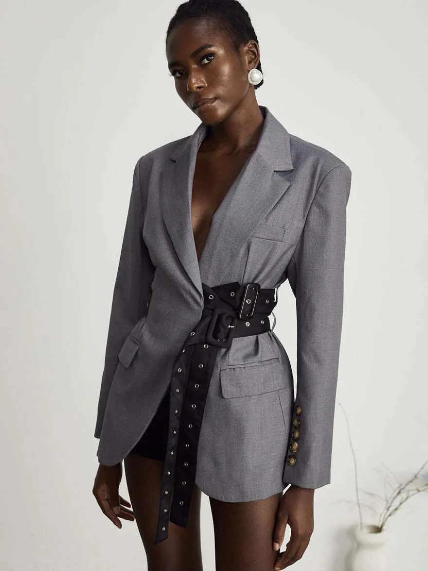 Robe blazer courte pour femme à revers cranté ceinture à rivets et taille cintrée