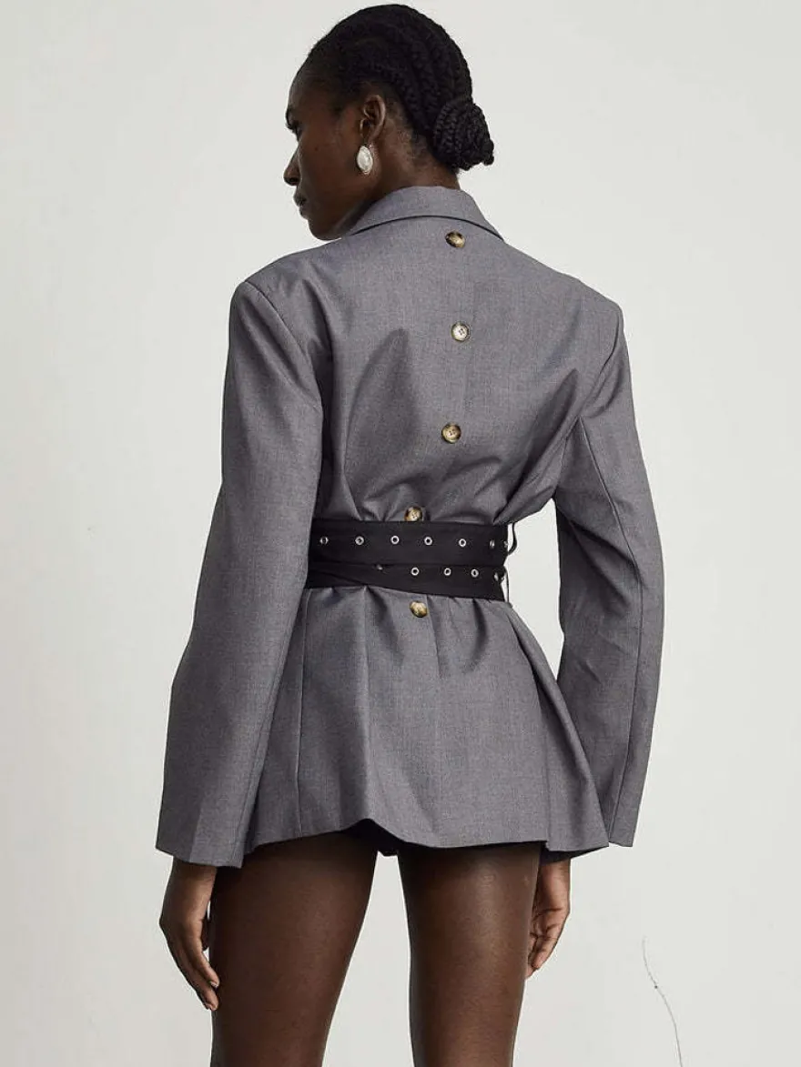 Robe blazer courte pour femme à revers cranté ceinture à rivets et taille cintrée