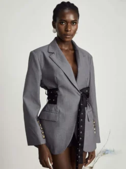 Robe blazer courte pour femme à revers cranté ceinture à rivets et taille cintrée