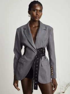 Robe blazer courte pour femme à revers cranté ceinture à rivets et taille cintrée