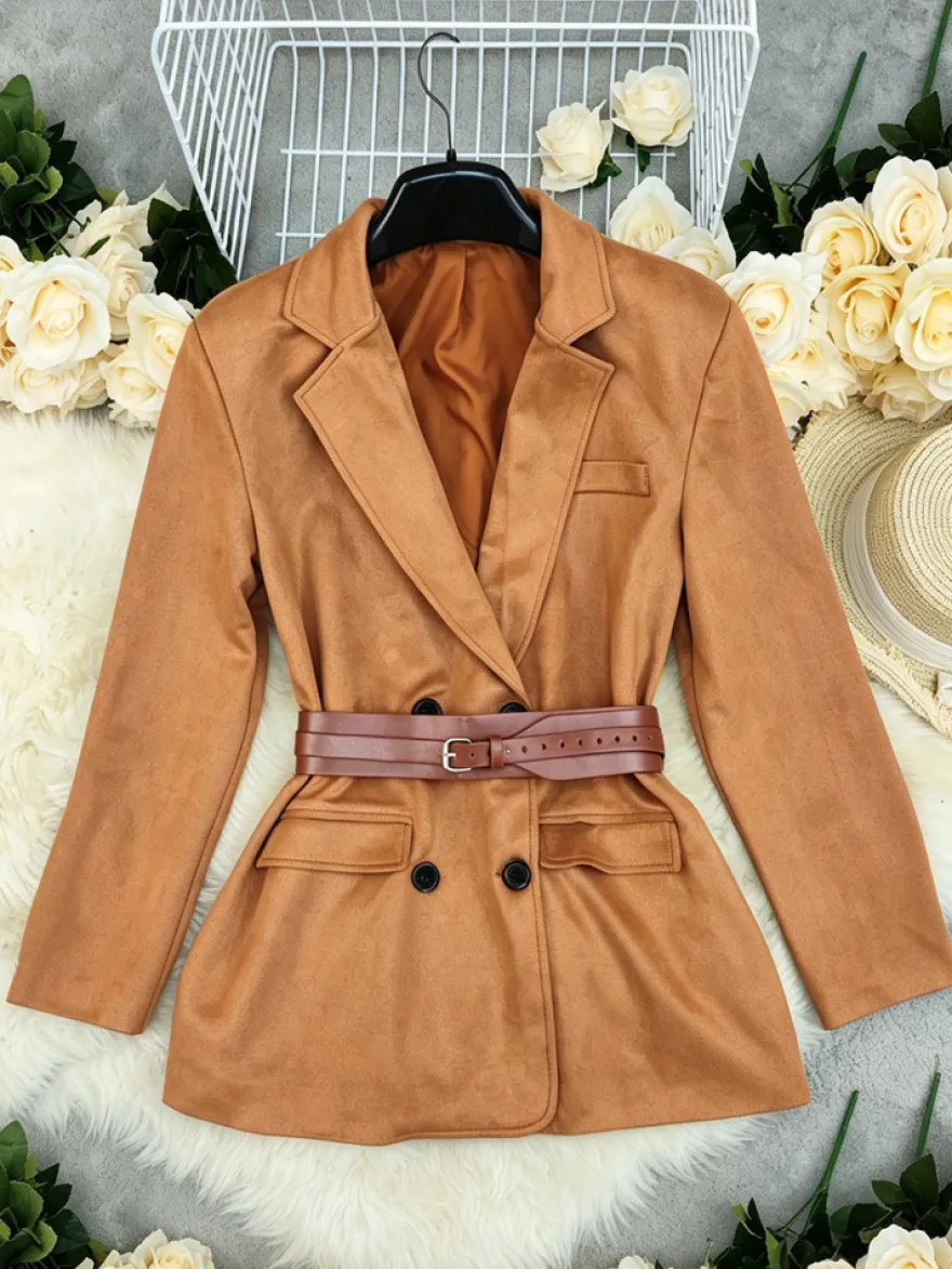 Robe blazer en daim à revers croisé ceinture à la taille coupe ajustée mini-robe