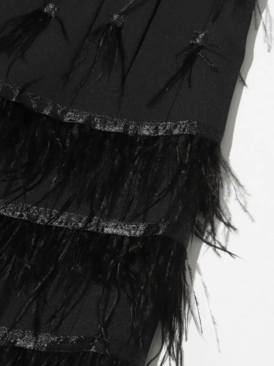 Robe blazer en satin à revers orné de plumes et de pompons ceinture à la taille et franges superposées mini-robe de soirée