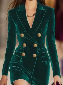 Robe blazer en velours pour femme col boutonné manches longues mini-robe tailleur avec poches