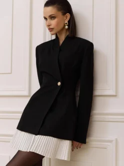 Robe blazer mini à manches longues plissée et patchwork pour femme 2026