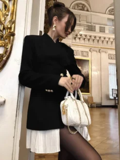 Robe blazer mini à manches longues plissée et patchwork pour femme 2026
