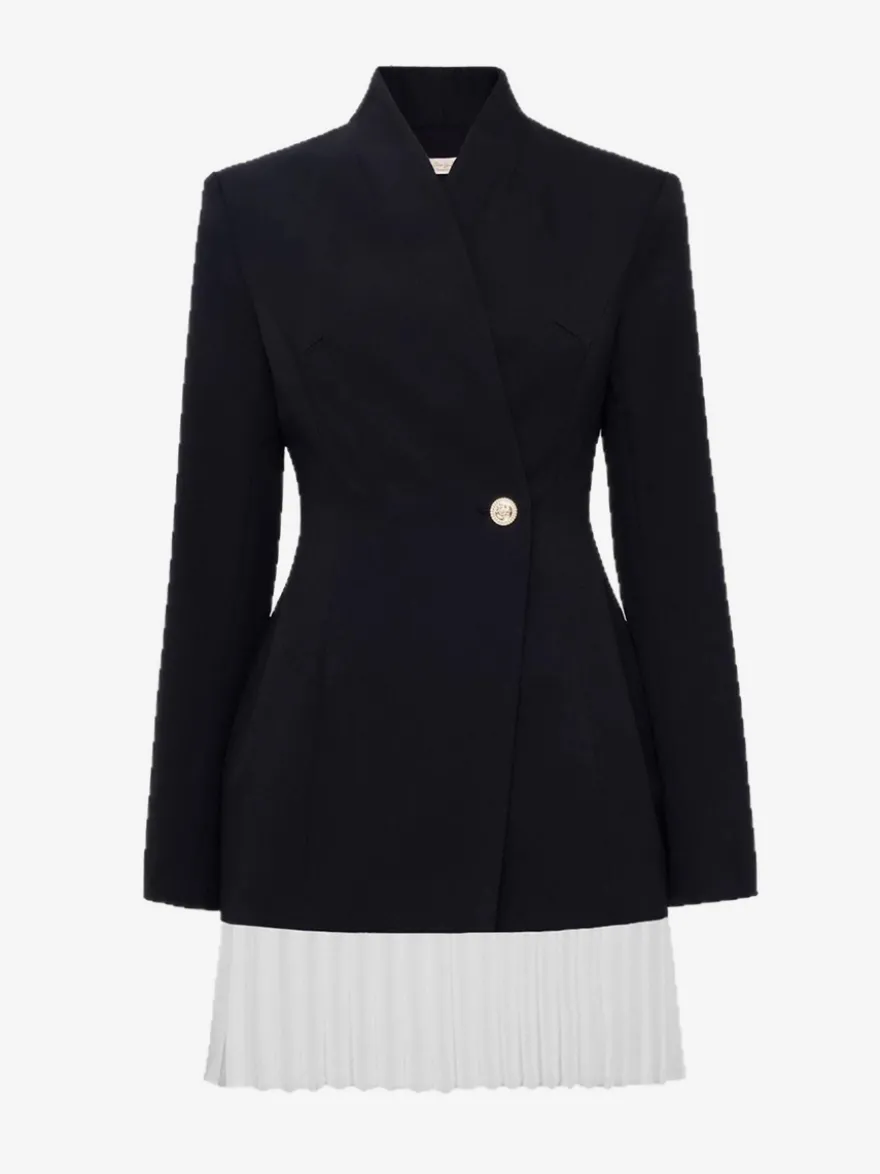 Robe blazer mini à manches longues plissée et patchwork pour femme 2026