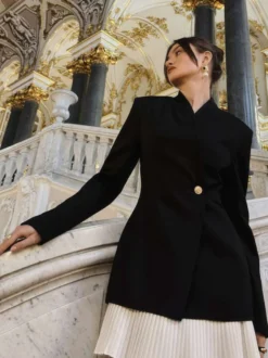 Robe blazer mini à manches longues plissée et patchwork pour femme 2026