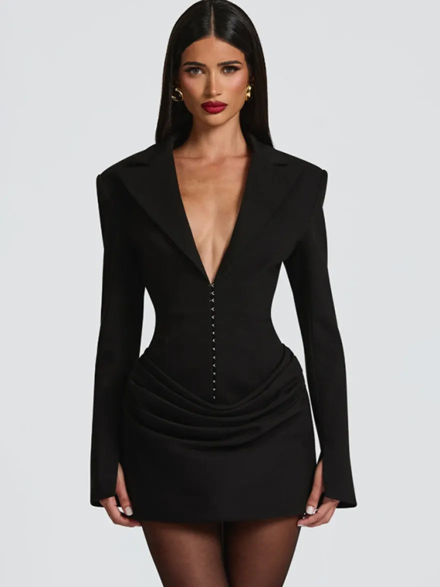 Robe blazer mini moulante à manches longues froncées et revers cranté pour femme 2026