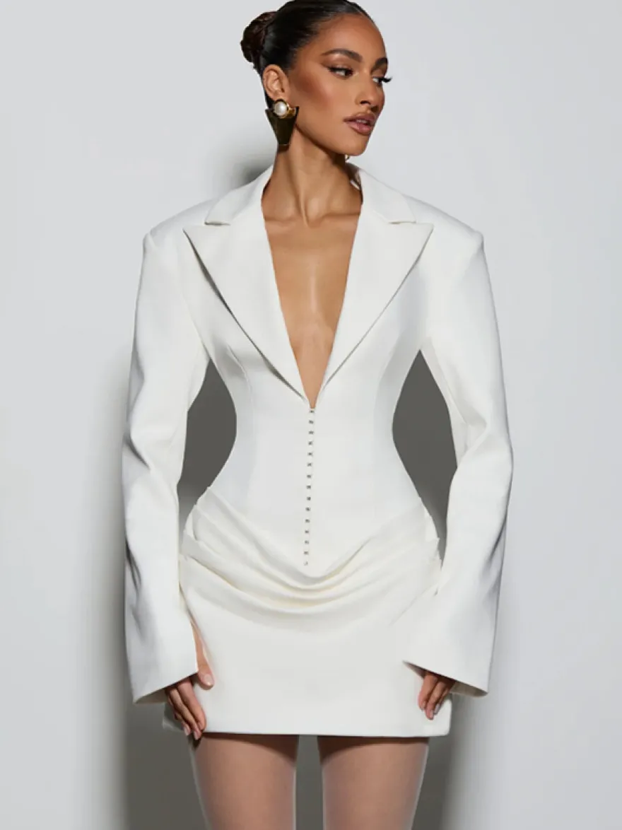Robe blazer mini moulante à manches longues froncées et revers cranté pour femme 2026