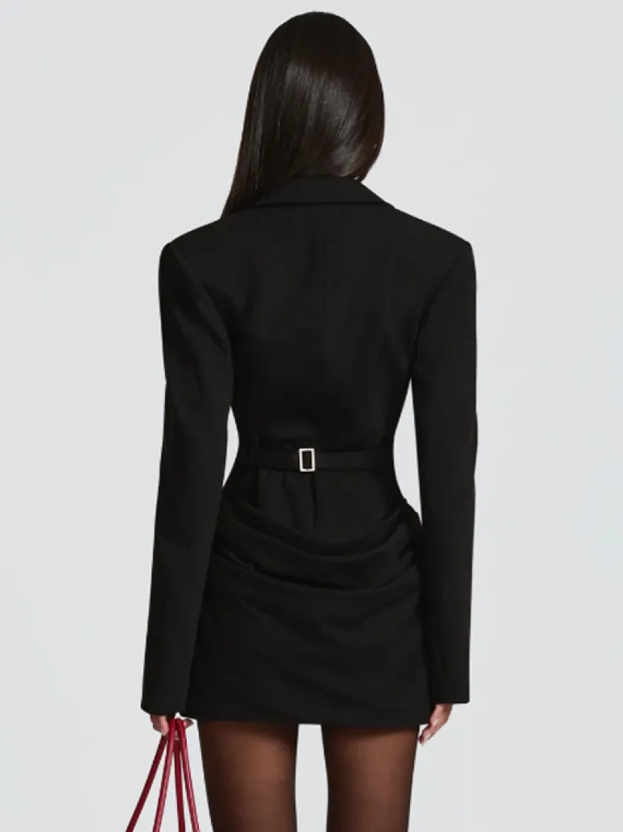 Robe blazer mini moulante à manches longues froncées et revers cranté pour femme 2026