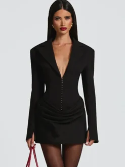 Robe blazer mini moulante à manches longues froncées et revers cranté pour femme 2026