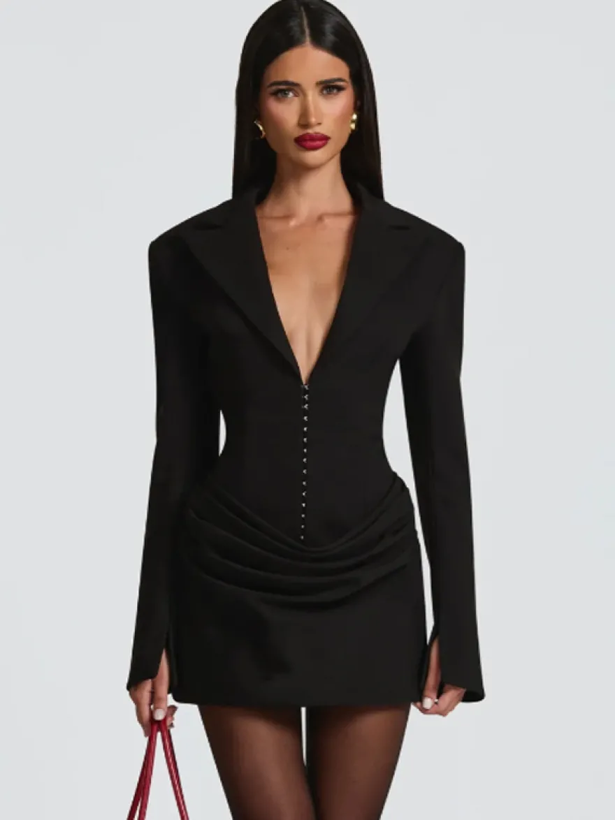 Robe blazer mini moulante à manches longues froncées et revers cranté pour femme 2026