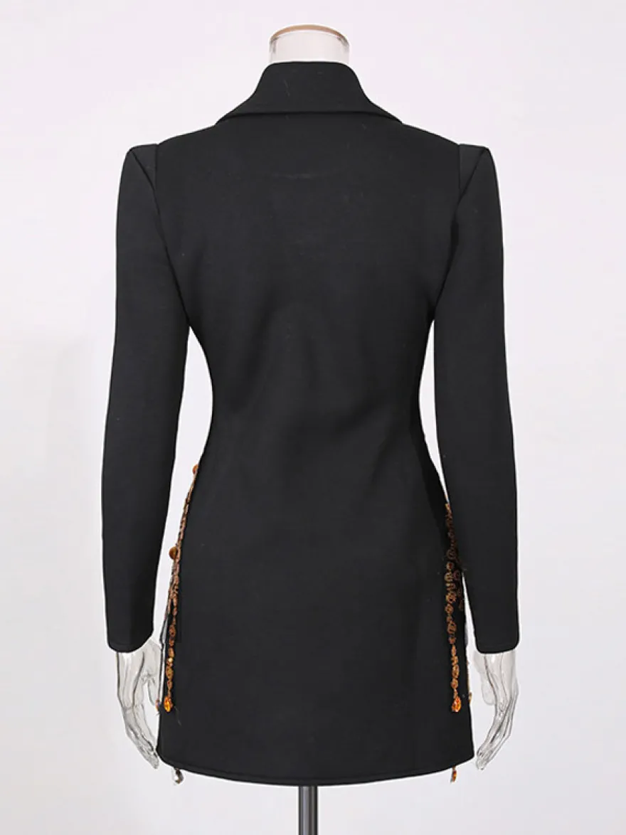 Robe blazer à pompons et perles dorées col cranté manches longues mini-robe de soirée
