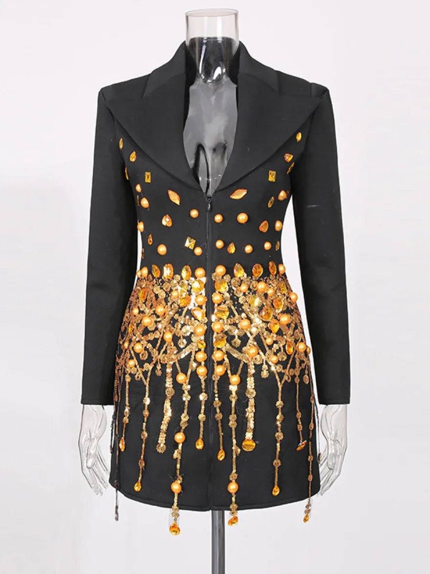 Robe blazer à pompons et perles dorées col cranté manches longues mini-robe de soirée
