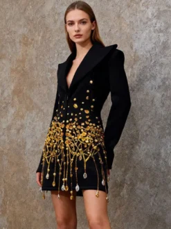 Robe blazer à pompons et perles dorées col cranté manches longues mini-robe de soirée