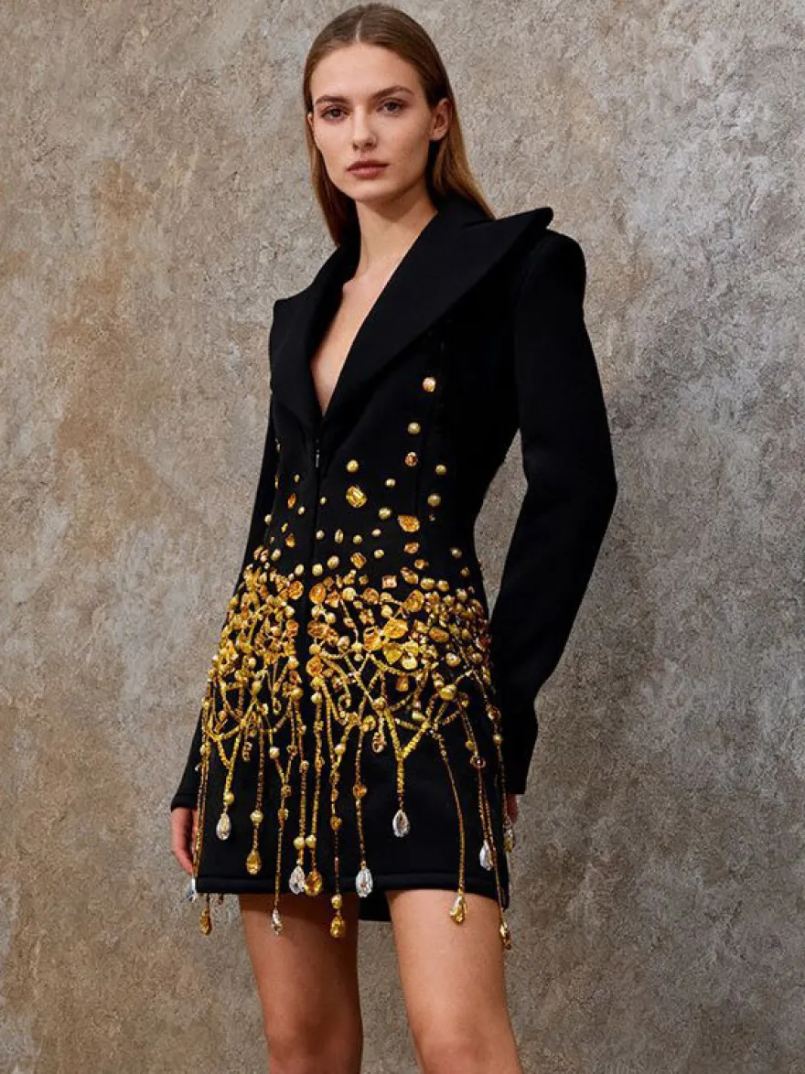 Robe blazer à pompons et perles dorées col cranté manches longues mini-robe de soirée