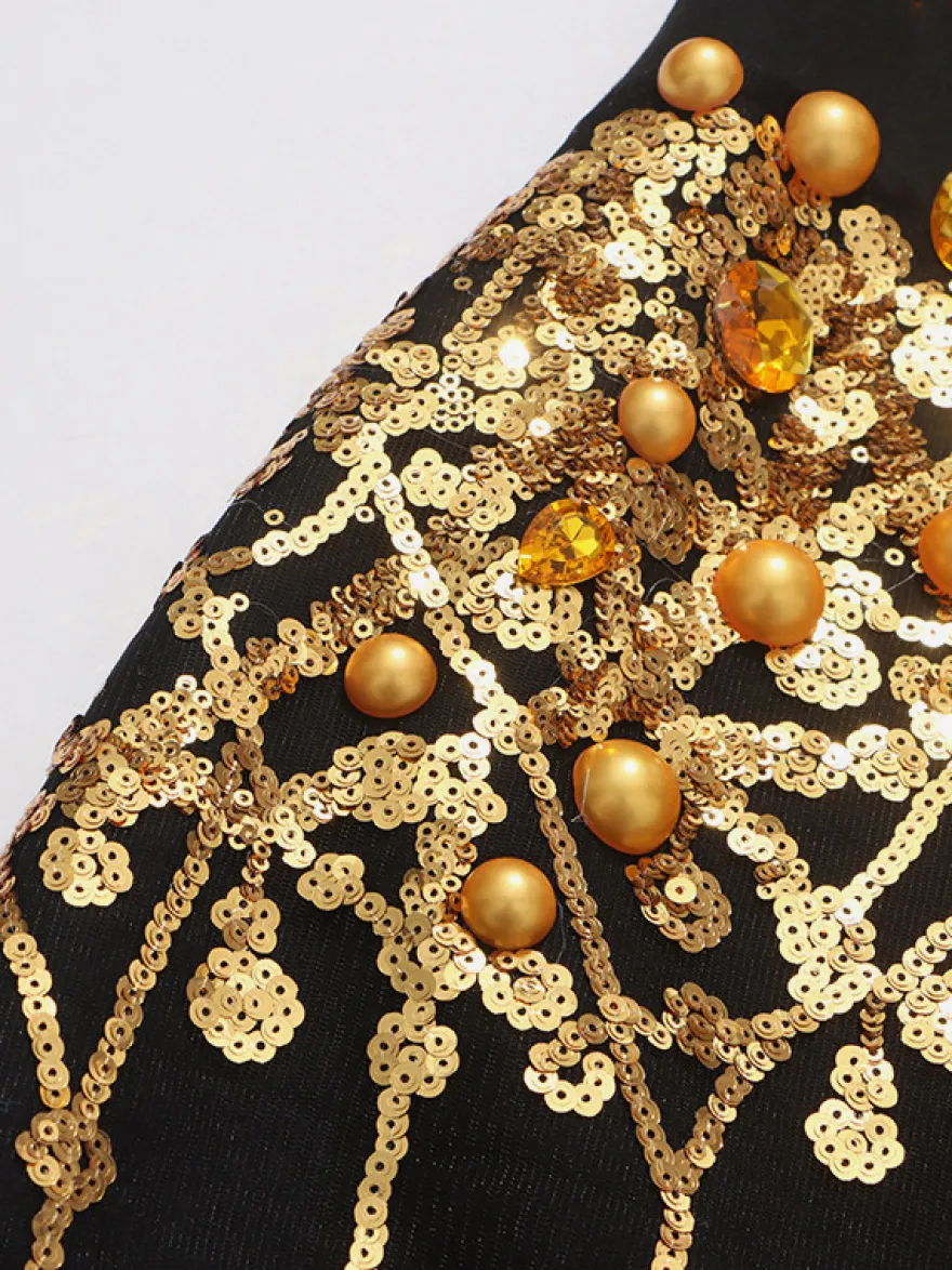 Robe blazer à pompons et perles dorées col cranté manches longues mini-robe de soirée