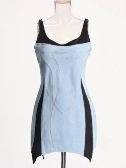 Robe bleue mini sans manches à col rond et taille haute idéale pour tous les jours.
