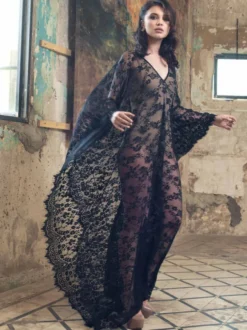 Robe Bohème Longue Femme avec Manches Longues Volantes à Col V Bas Evasée Unicolore