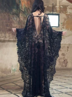 Robe Bohème Longue Femme avec Manches Longues Volantes à Col V Bas Evasée Unicolore