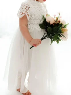 Robe bâpteme fille blanche en dentelle col haut manche courte longueur cheville Robe fille de fleur robe cérémonie fille