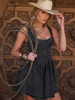 Robe bustier corset mini en jean pour femme - Robe patineuse sans manches style cowgirl coupe évasée - Tenues de festival d'été 2026