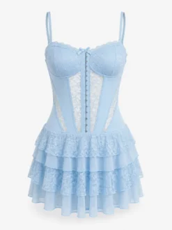 Robe bustier mini sans bretelles en dentelle à volants multiples jupe à volants style gâteau