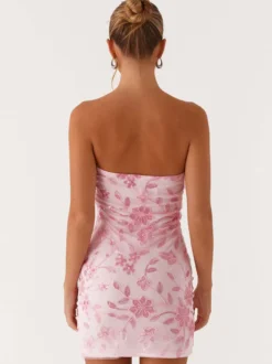 Robe bustier mini à sequins et fleurs pour femme - Robe tube élégante et moulante - Idéale pour une soirée cocktail estivale 2026
