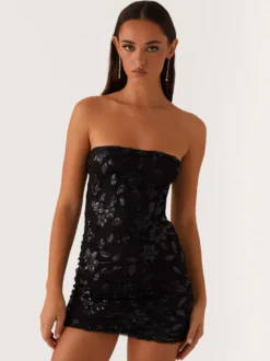 Robe bustier mini à sequins et fleurs pour femme - Robe tube élégante et moulante - Idéale pour une soirée cocktail estivale 2026