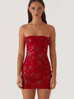 Robe bustier mini à sequins et fleurs pour femme - Robe tube élégante et moulante - Idéale pour une soirée cocktail estivale 2026