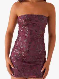 Robe bustier mini à sequins et fleurs pour femme - Robe tube élégante et moulante - Idéale pour une soirée cocktail estivale 2026