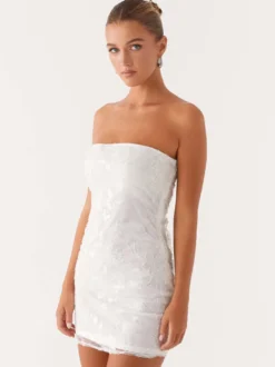 Robe bustier mini à sequins et fleurs pour femme - Robe tube élégante et moulante - Idéale pour une soirée cocktail estivale 2026