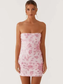Robe bustier mini à sequins et fleurs pour femme - Robe tube élégante et moulante - Idéale pour une soirée cocktail estivale 2026