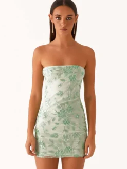 Robe bustier mini à sequins et fleurs pour femme - Robe tube élégante et moulante - Idéale pour une soirée cocktail estivale 2026