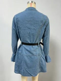 Robe chemise en jean mini à manches cloche pour femme - Bleu clair poignets évasés boutonnée et ceinturée - Collection printemps 2026