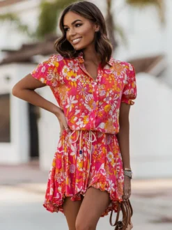 Robe-chemise fleurie éclatante pour femme - Robe patineuse mini à manches bouffantes et ceinture - Idéale pour les vacances d'été décontractées 2026