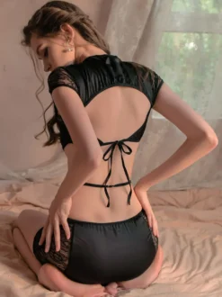 Robe Cheongsam Mini Découpée en Dentelle Ajourée Lingerie de Nuit