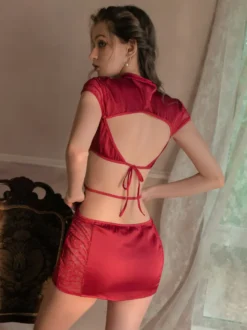 Robe Cheongsam Mini Découpée en Dentelle Ajourée Lingerie de Nuit
