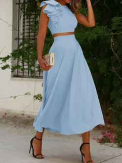 Robe cocktail élégante deux pièces longueur thé col rond plissée