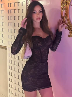 Robe corset en dentelle pour femme - Robe moulante mini noire à épaules dénudées et manches longues - Tenue de soirée printanière 2026
