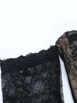 Robe corset en dentelle pour femme - Robe moulante mini noire à épaules dénudées et manches longues - Tenue de soirée printanière 2026