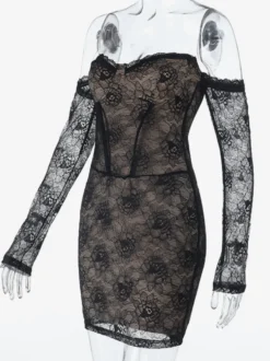 Robe corset en dentelle pour femme - Robe moulante mini noire à épaules dénudées et manches longues - Tenue de soirée printanière 2026