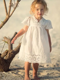 Robe cortège enfant boho Polyester Coton Découpé Décolleté Conçu Manches Courtes Blanc