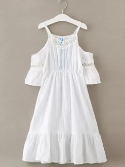 Robe cortège enfant boho robe cérémonie enfant Polyester Découpe Décolleté conçu Manches courtes Blanc